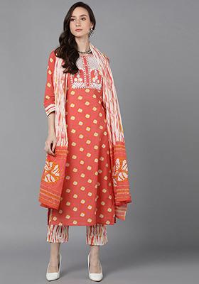 Orange Embroidered Rayon Blend Kurta Set