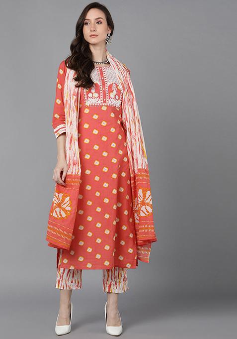 Orange Embroidered Rayon Blend Kurta Set