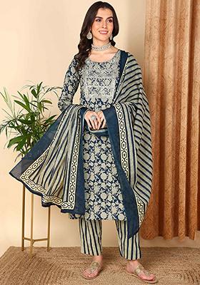 Navy Blue Embroidered Rayon Blend Kurta Set