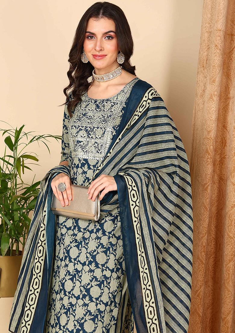 Navy Blue Embroidered Rayon Blend Kurta Set - Indya