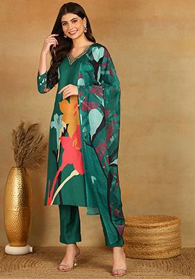 Green Printed Silk Blend Kurta Set