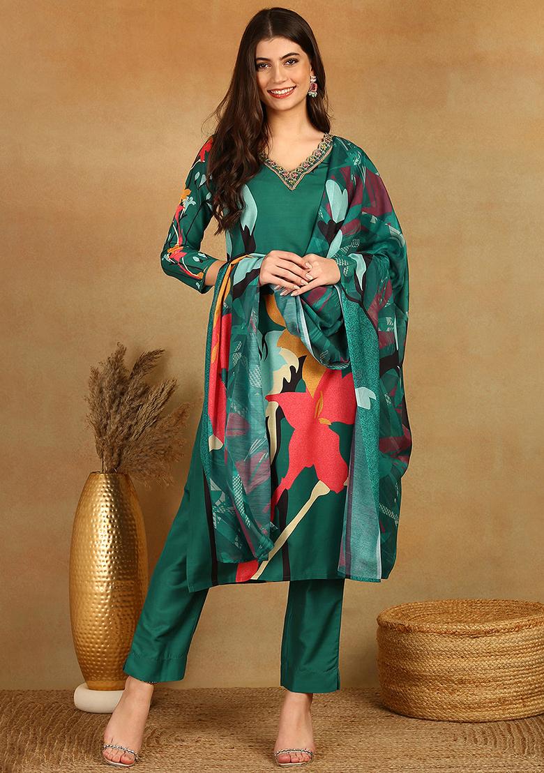 Green Printed Silk Blend Kurta Set