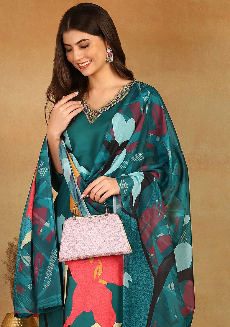 Green Printed Silk Blend Kurta Set