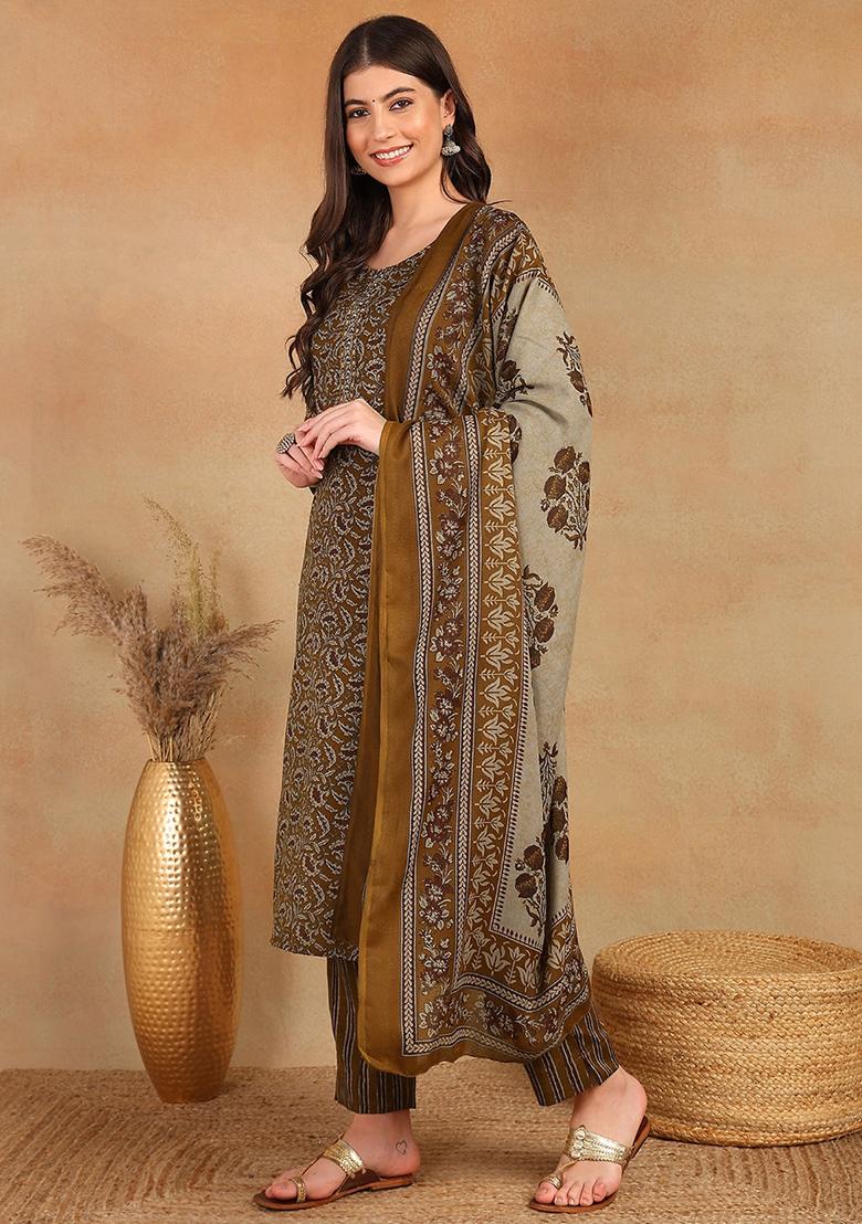 Brown Printed Cotton Blend Kurta Set