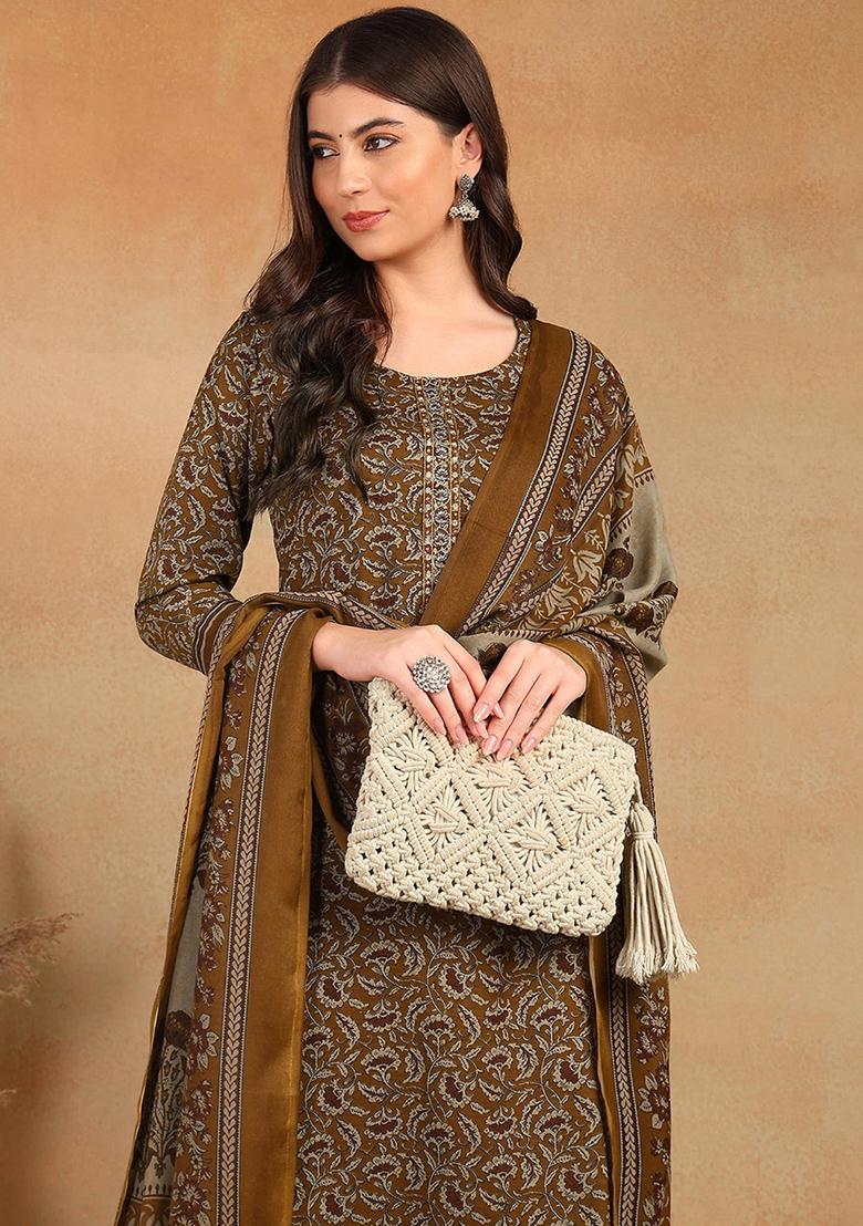 Brown Printed Cotton Blend Kurta Set