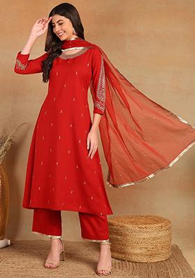 Red Embroidered Silk Blend Kurta Set