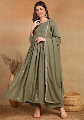 Olive Embroidered Georgette Kurta Set
