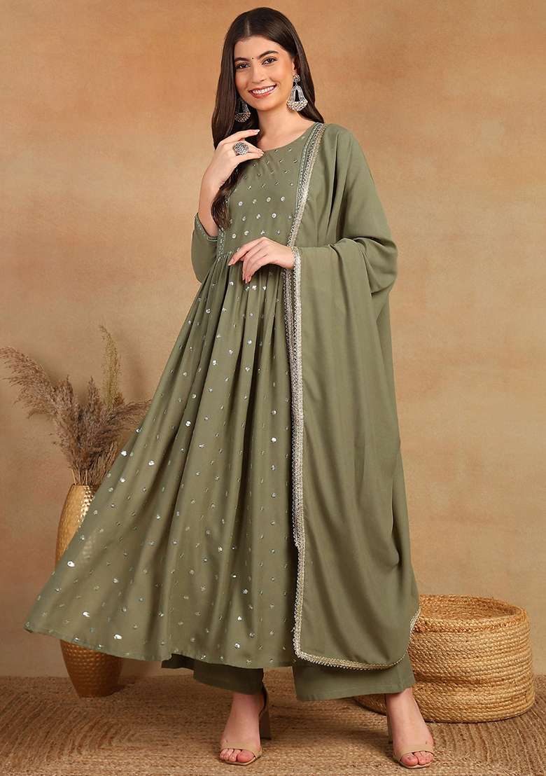 Olive Mirror Work Georgette Anarkali Set - Indya