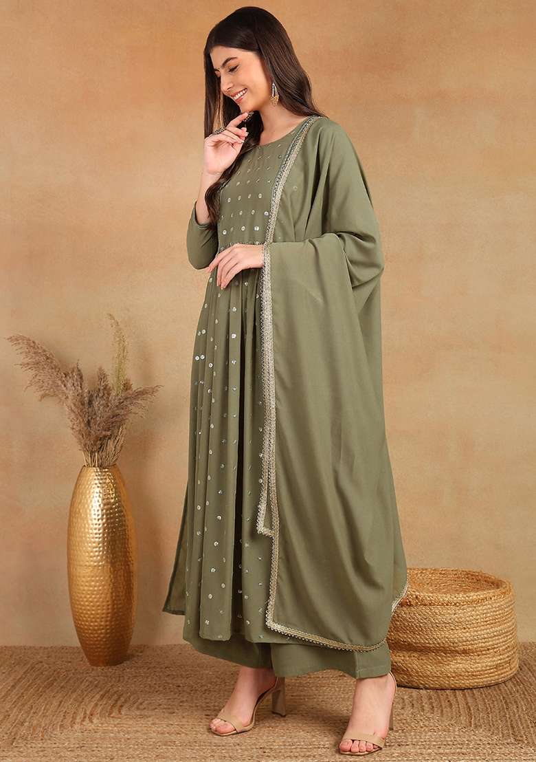 Olive Mirror Work Georgette Anarkali Set - Indya