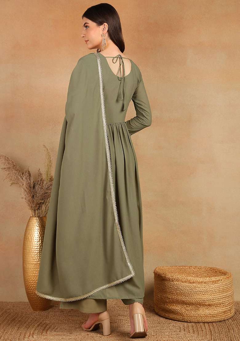 Olive Mirror Work Georgette Anarkali Set - Indya
