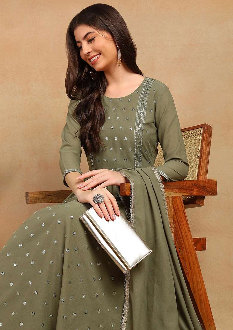 Olive Mirror Work Georgette Anarkali Set - Indya