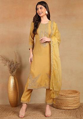 Golden Embroidered Blended Straight Kurta Set