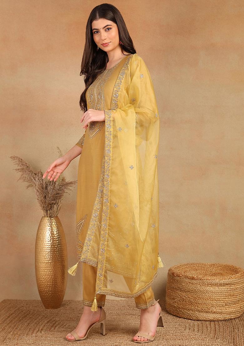 Golden Embroidered Silk Blend Kurta Set