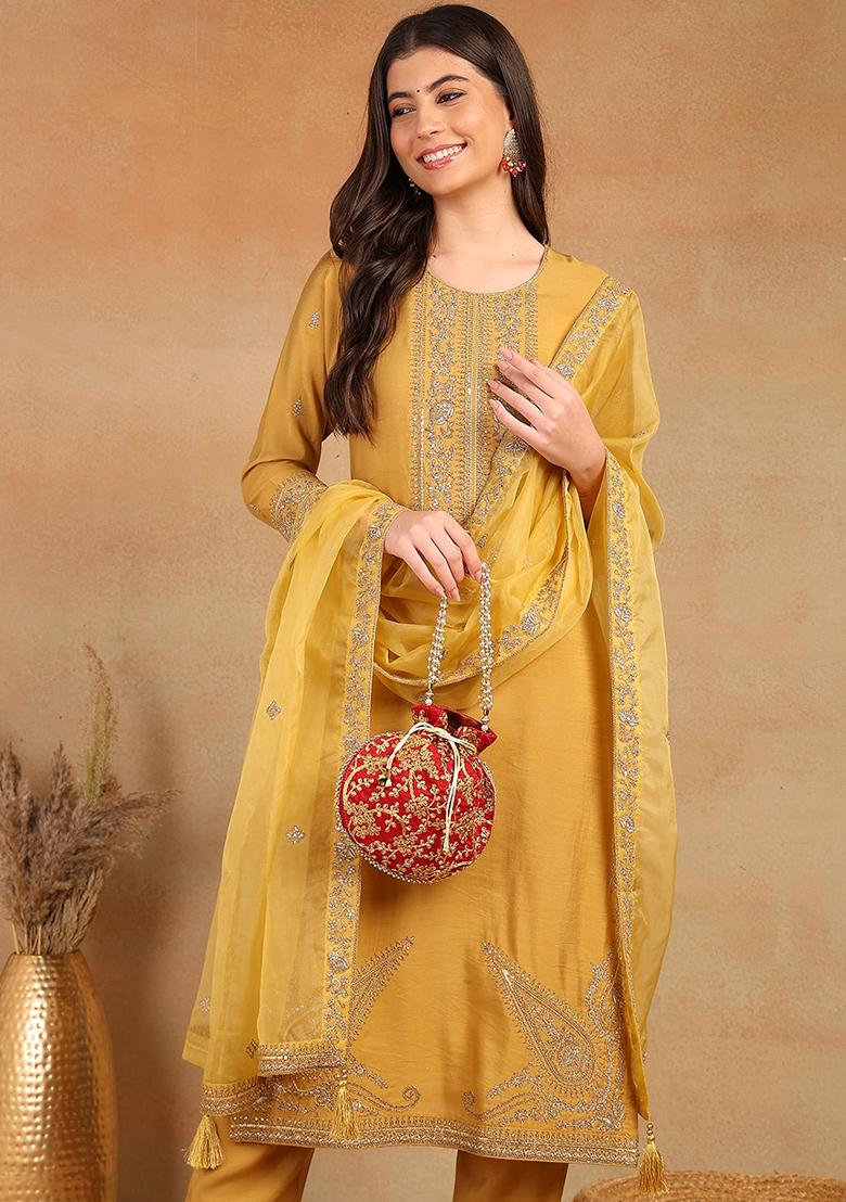 Golden Embroidered Silk Blend Kurta Set
