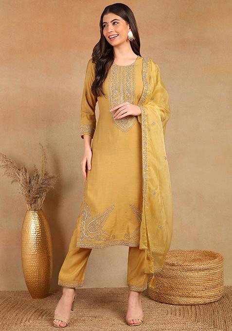 Golden Embroidered Silk Blend Kurta Set
