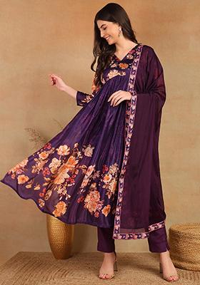 Purple Printed Silk Blend Kurta Set