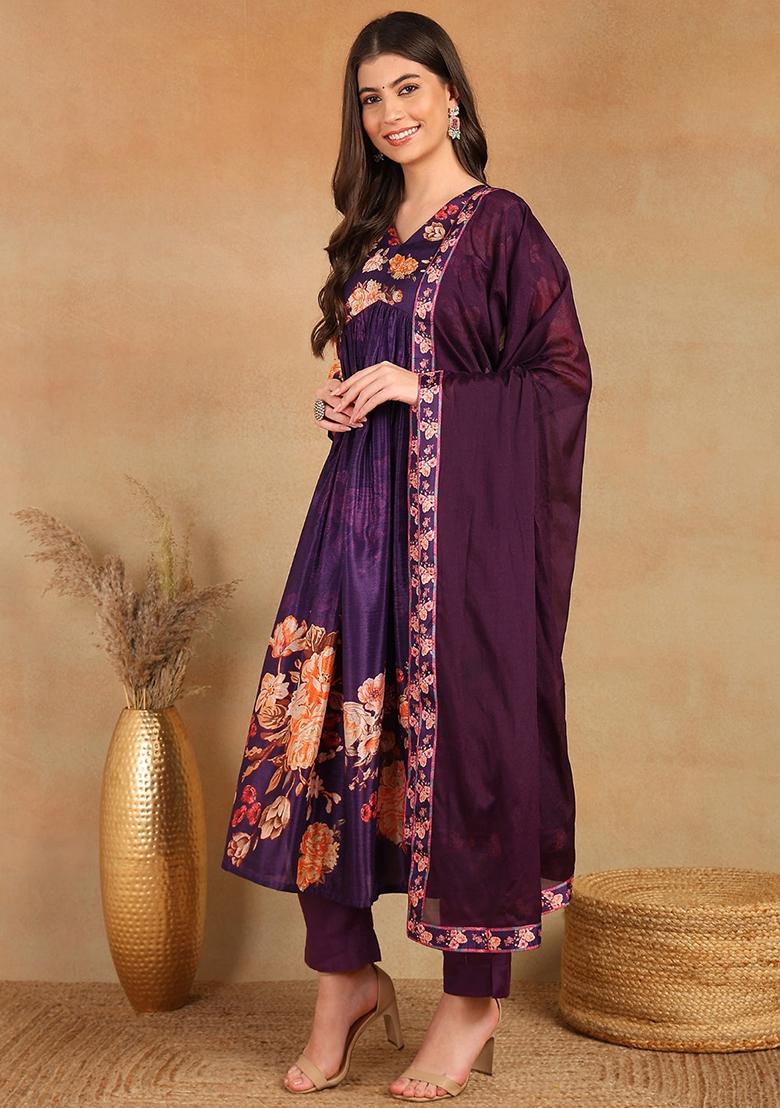 Purple Printed Silk Blend Kurta Set