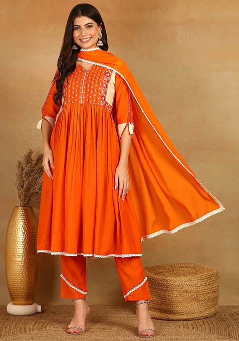 Orange Embroidered Viscose Rayon Kurta Set