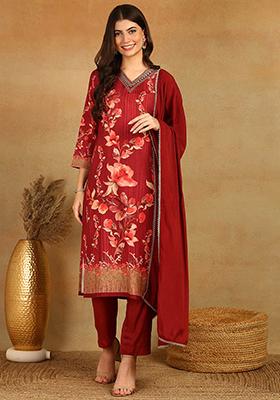 Maroon Printed Rayon Blend Kurta Set