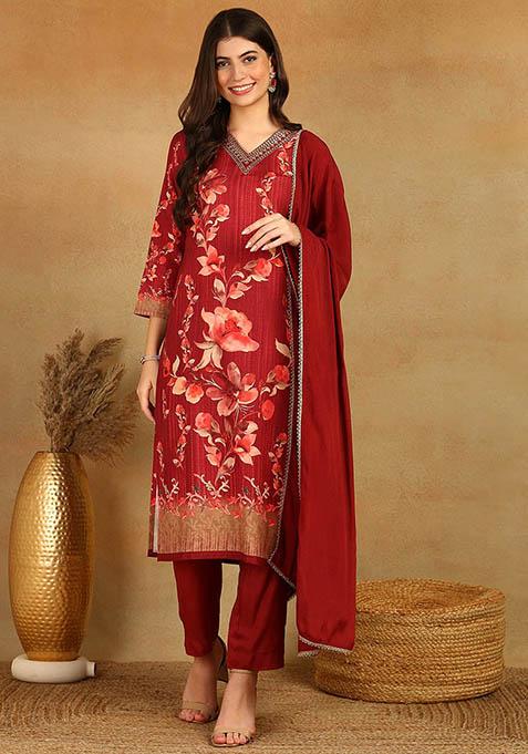 Maroon Printed Rayon Blend Kurta Set