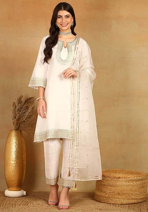 White Embroidered Silk Blend Kurta Set