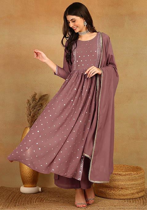 Mauve Embroidered Georgette Kurta Set