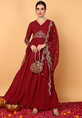 Red Embroidered Georgette Kurta Set