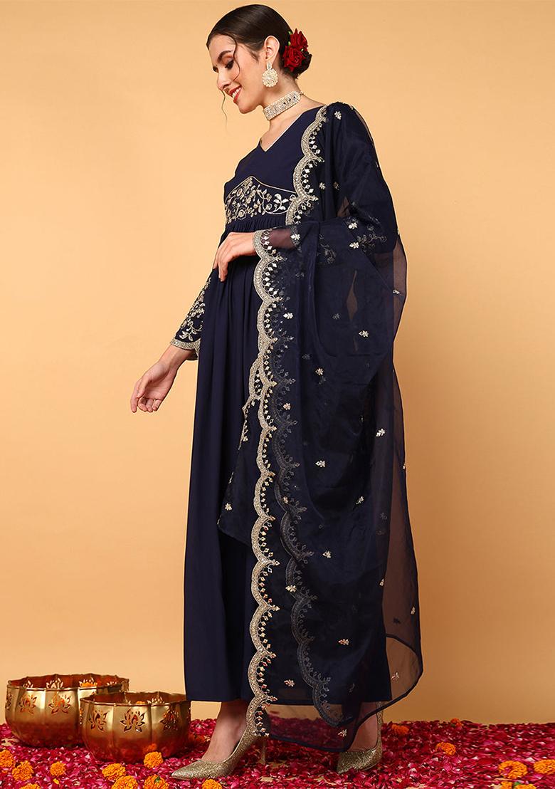Blue Embroidered Georgette Kurta Set - Indya