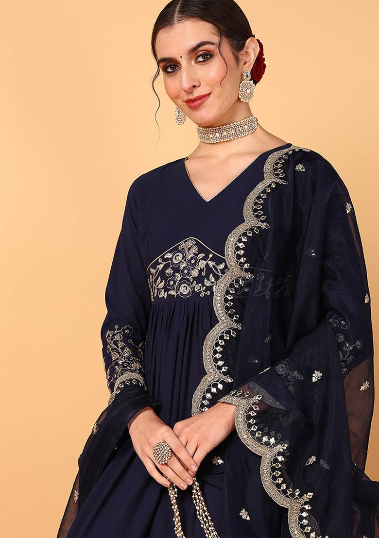 Blue Embroidered Georgette Kurta Set - Indya