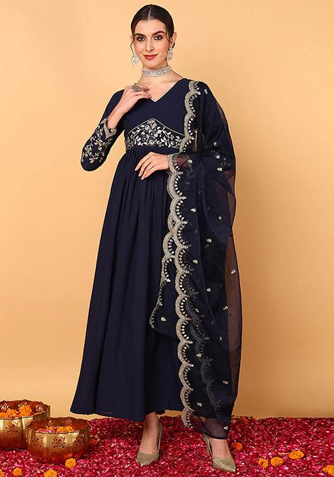 Blue Embroidered Georgette Kurta Set