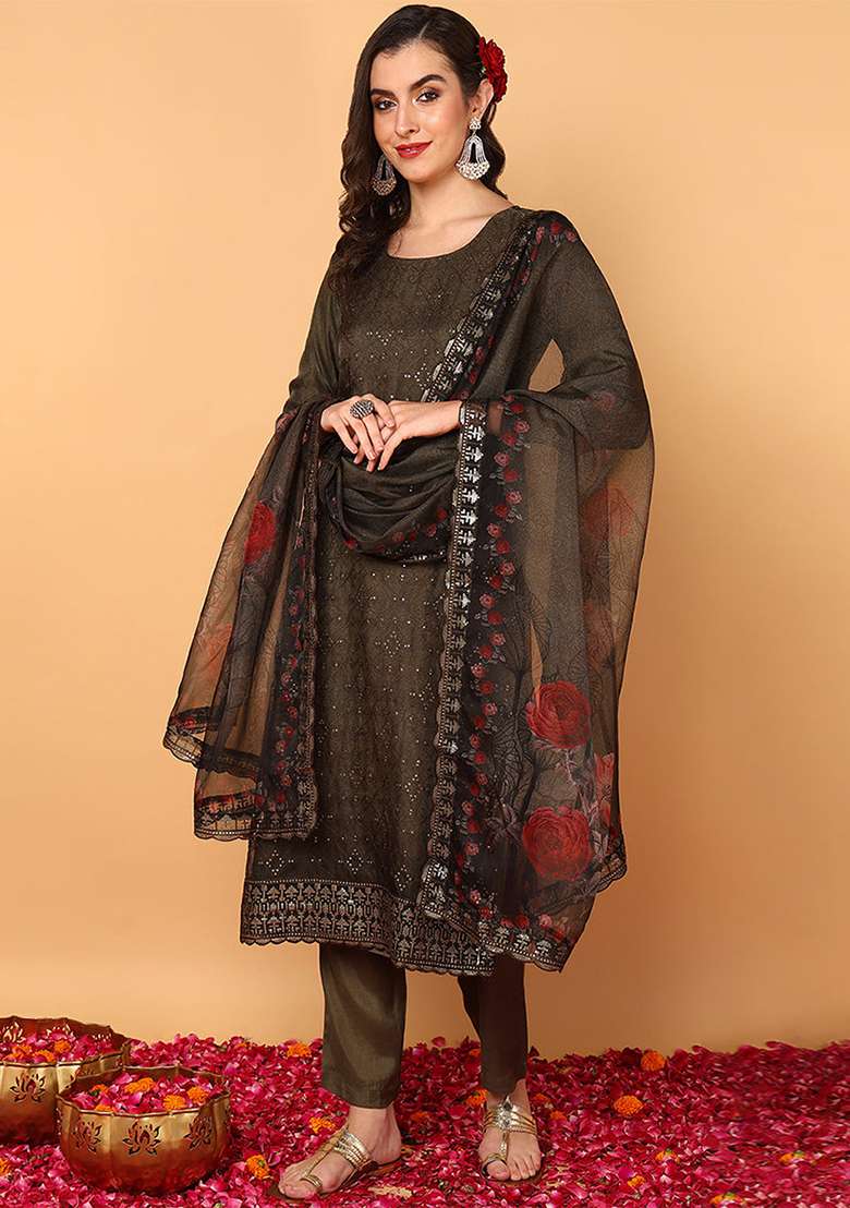 Green Embroidered Organza Straight Kurta Set - Indya