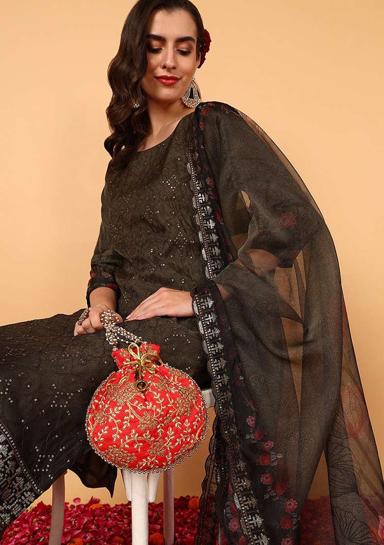 Green Embroidered Organza Straight Kurta Set - Indya