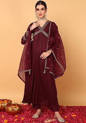Maroon Embroidered Silk Blend Kurta Set
