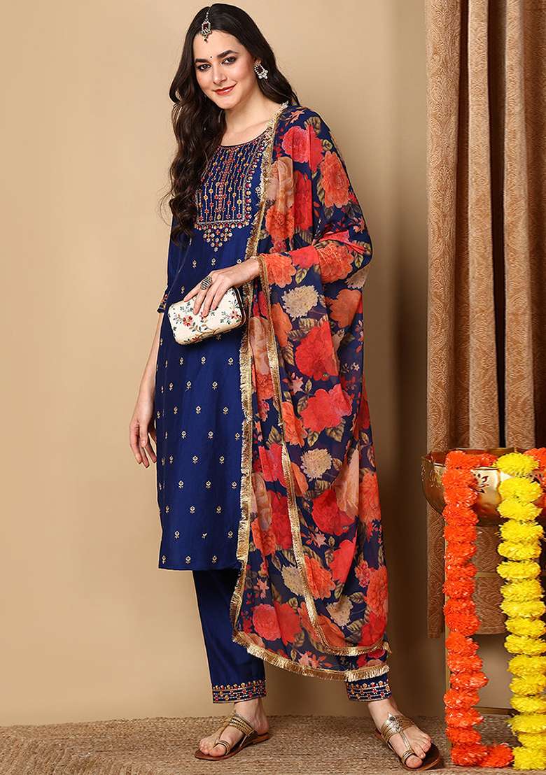 Navy Blue Embroidered Silk Blend Straight Kurta Set - Indya