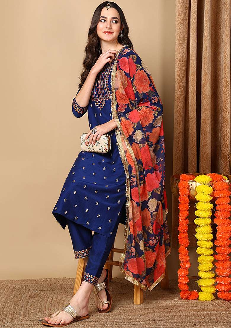 Navy Blue Embroidered Silk Blend Straight Kurta Set - Indya
