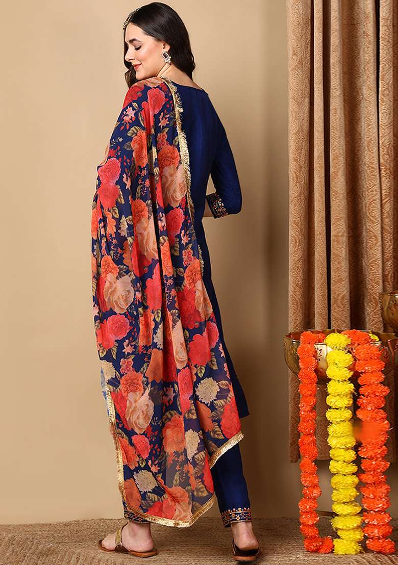 Navy Blue Embroidered Silk Blend Straight Kurta Set - Indya