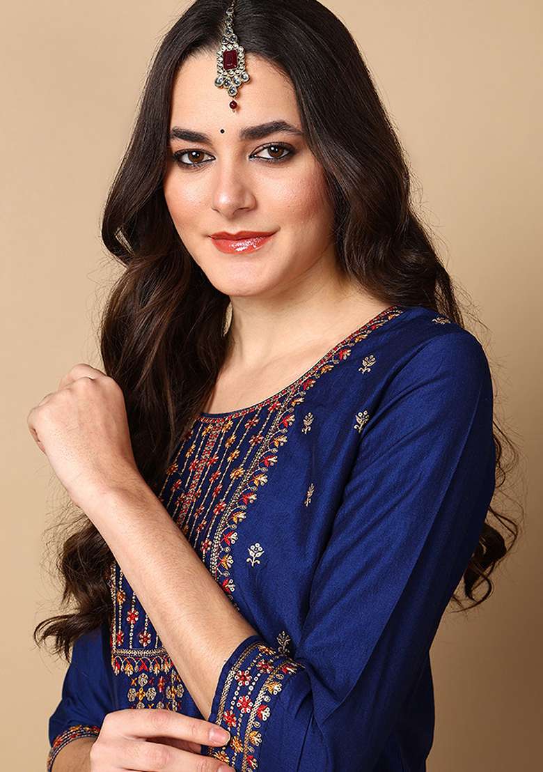 Navy Blue Embroidered Silk Blend Straight Kurta Set - Indya