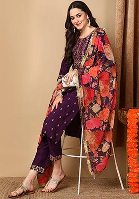 Purple Embroidered Silk Blend Kurta Set