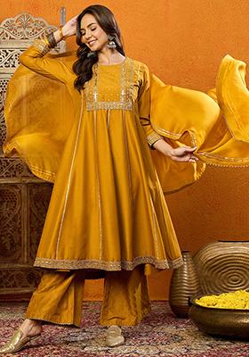 Mustard Embroidered Silk Blend Kurta Set
