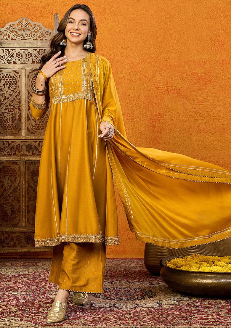 Mustard Embroidered Silk Blend Kurta Set
