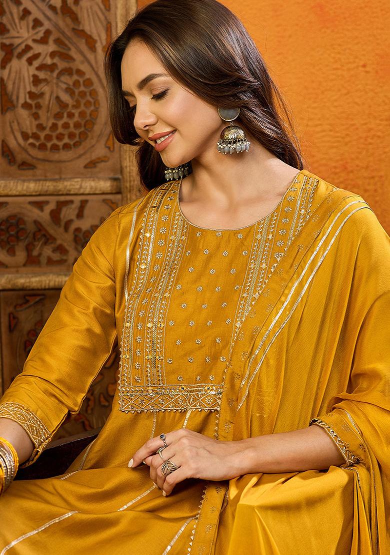Mustard Embroidered Silk Blend Kurta Set