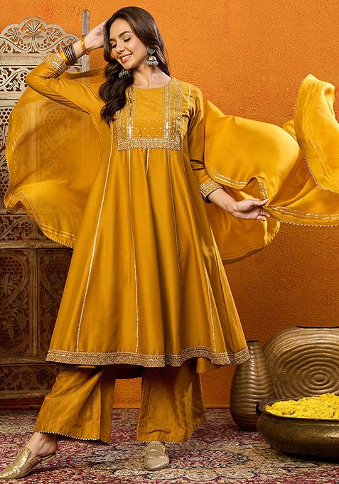 Mustard Embroidered Silk Blend Kurta Set