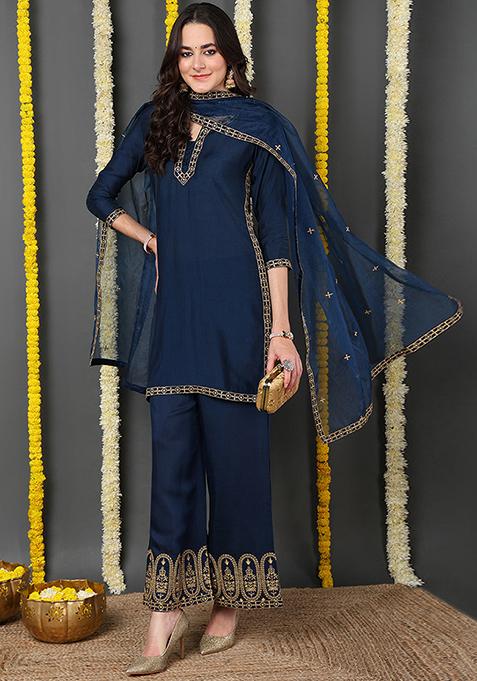 Blue Embroidered Silk Blend Kurta Set