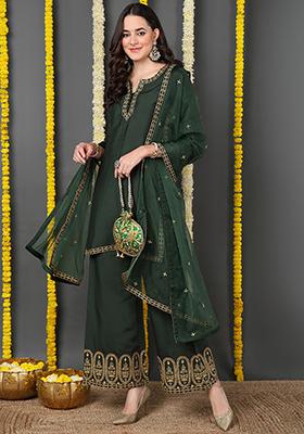Green Embroidered Silk Blend Kurta Set