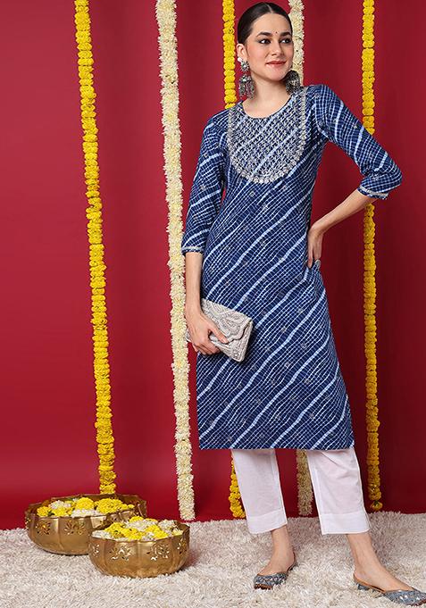 Navy Blue Printed Cotton Kurta