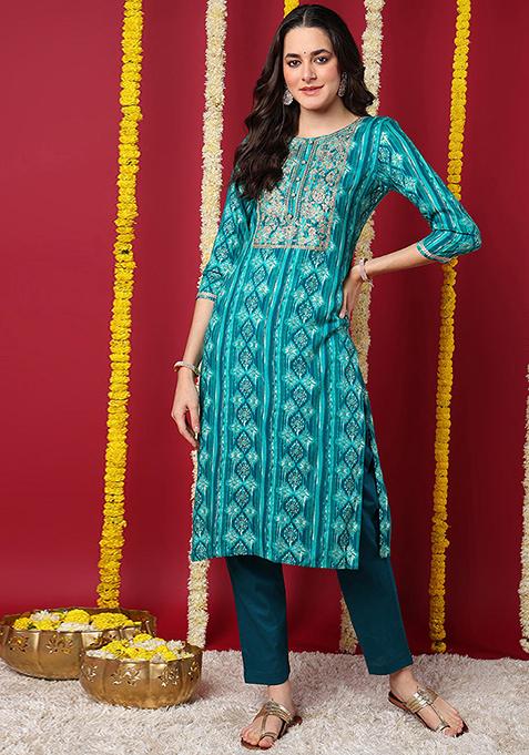 Turquoise Blue Printed Viscose Rayon Kurta