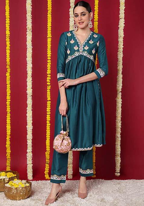 Teal Embroidered Silk Blend Kurta Set