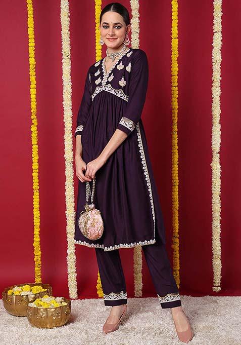 Purple Embroidered Silk Blend Kurta Set