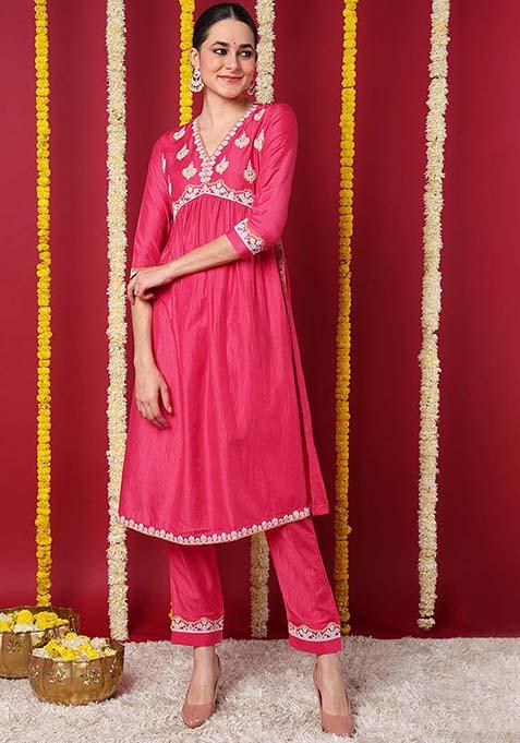 Pink Embroidered Silk Blend Kurta Set