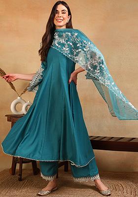 Blue Embroidered Silk Blend Kurta Set